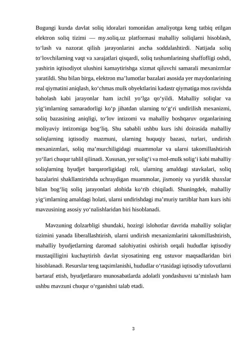 Oʻzbekiston respublikasida mahalliy soliqlar va yigʻimlarning amal qilish mexanizmi kurs ishi 3