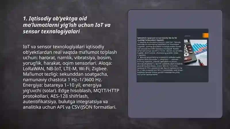 Iqtisodiy ob’yektga oid ma’lumotlar asosida taqdimot tayyorlash va amalga oshirishning zamonaviy texnologiyalaridan foydalanish 3