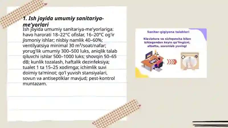 Ish joyida umumiy sanitariya-me'yorlari 3