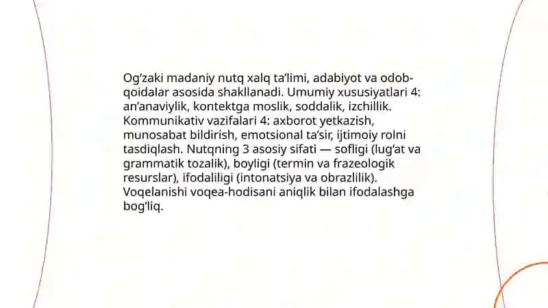 Og'zaki madaniy nutqning asosiy kommunikativ sifatlari: nutqning sofligi, boyligi, ifodaliligi voqelanishi tahlili 3