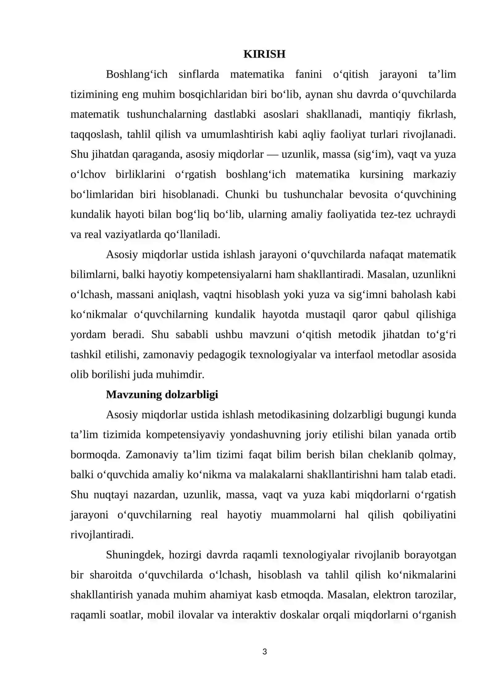 Asosiy miqdorlar ustida ishlash metodikasi. Massa (sig'im), uzunlik (masofa), vaqt va yuza o'lchov birliklarini o'rgatish metodikasi 3