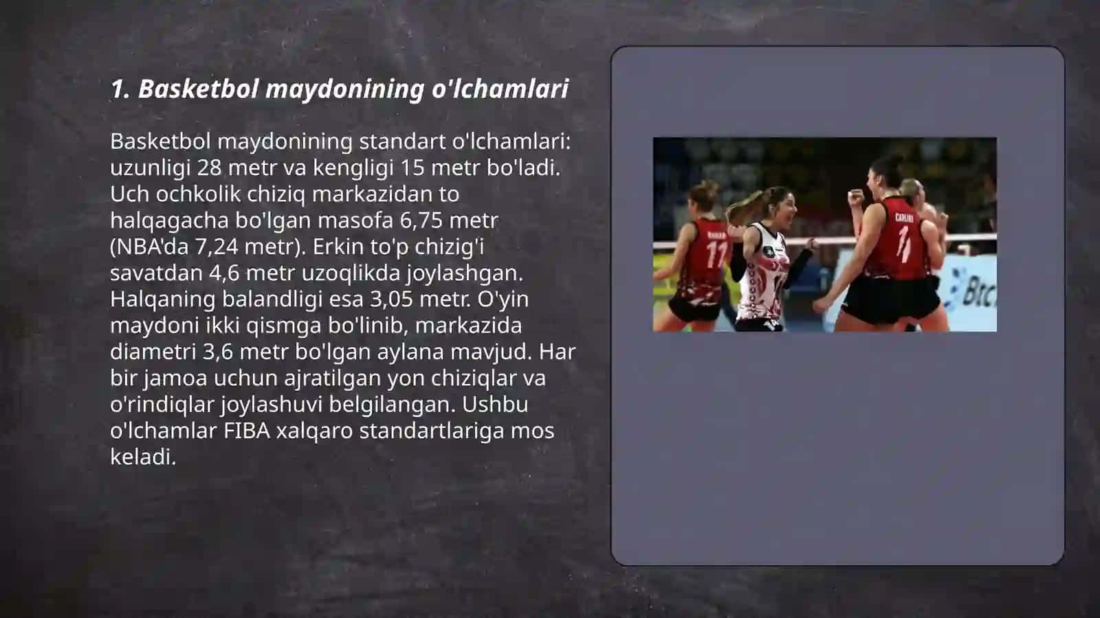 Basketbol, futbol, gandbol va voleybol sport turini maydon o‘lchamlari va jihozlari 3