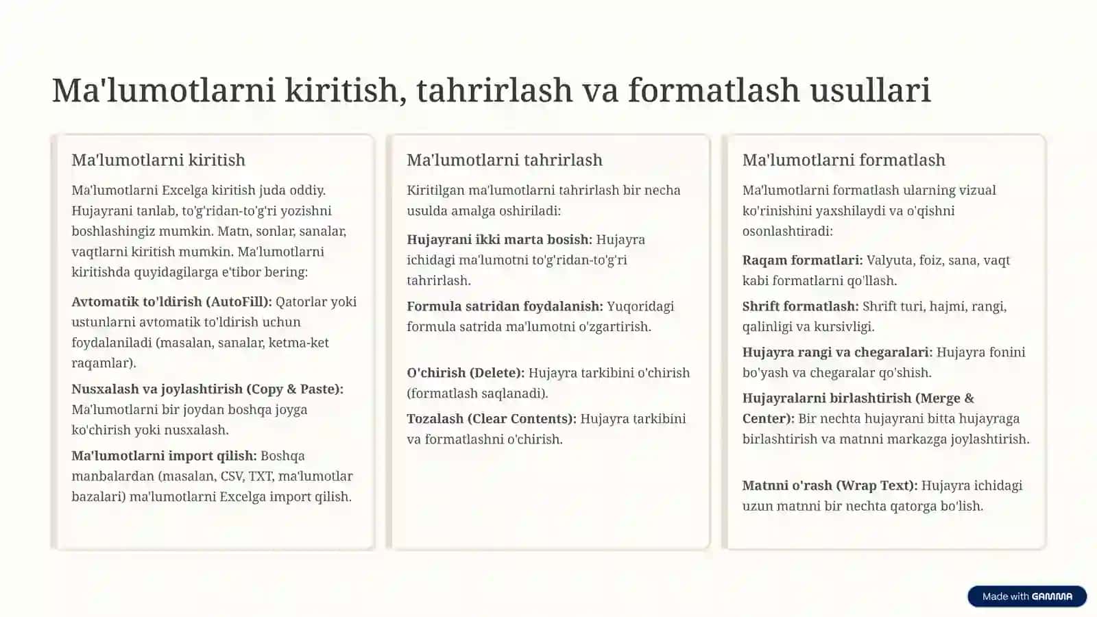 Microsoft Excel: Ma'lumotlarni Ko'rish, Qayta Ishlash va Umumlashtirish 3
