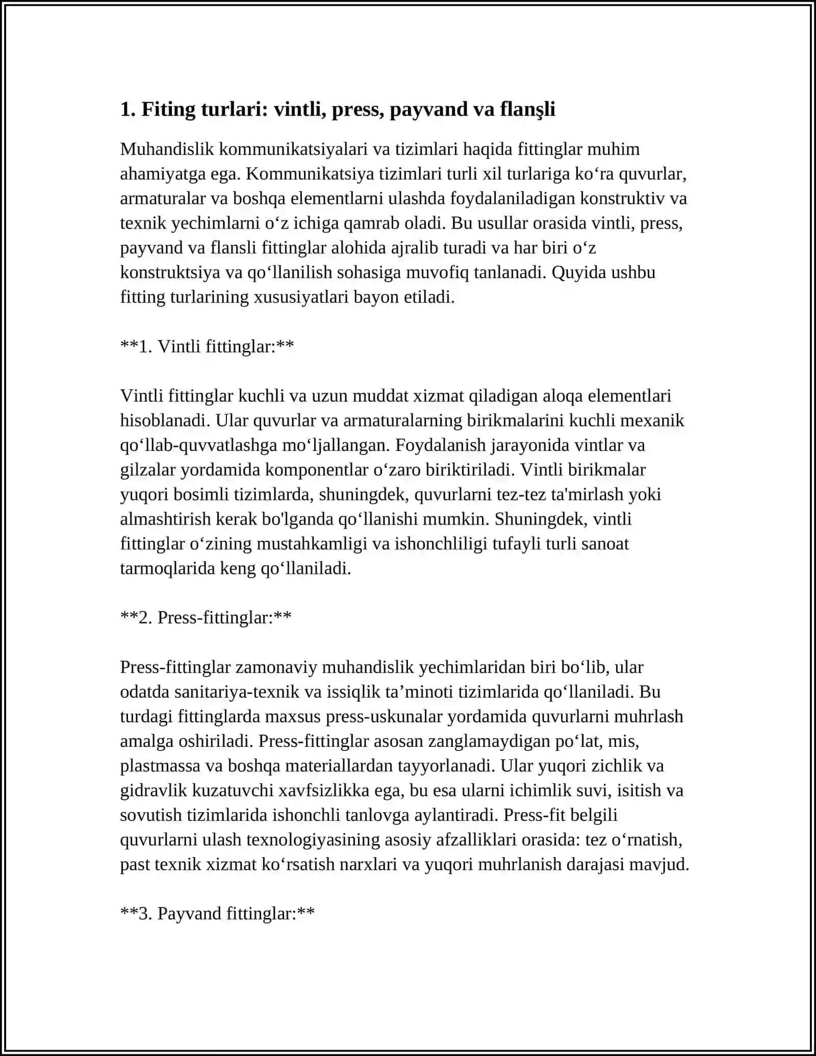 MUHANDISLIK KOMMUNIKATSIYALARI VA TIZIMLARI HAQIDA FITINGLAR 3