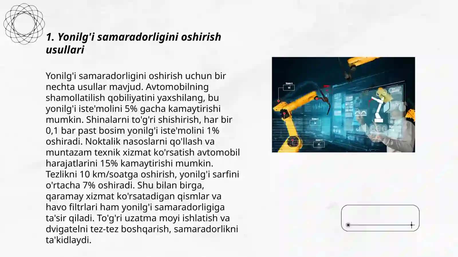 Yonilgʻi samaradorligini oshirish va tannarxni kamaytirish 3