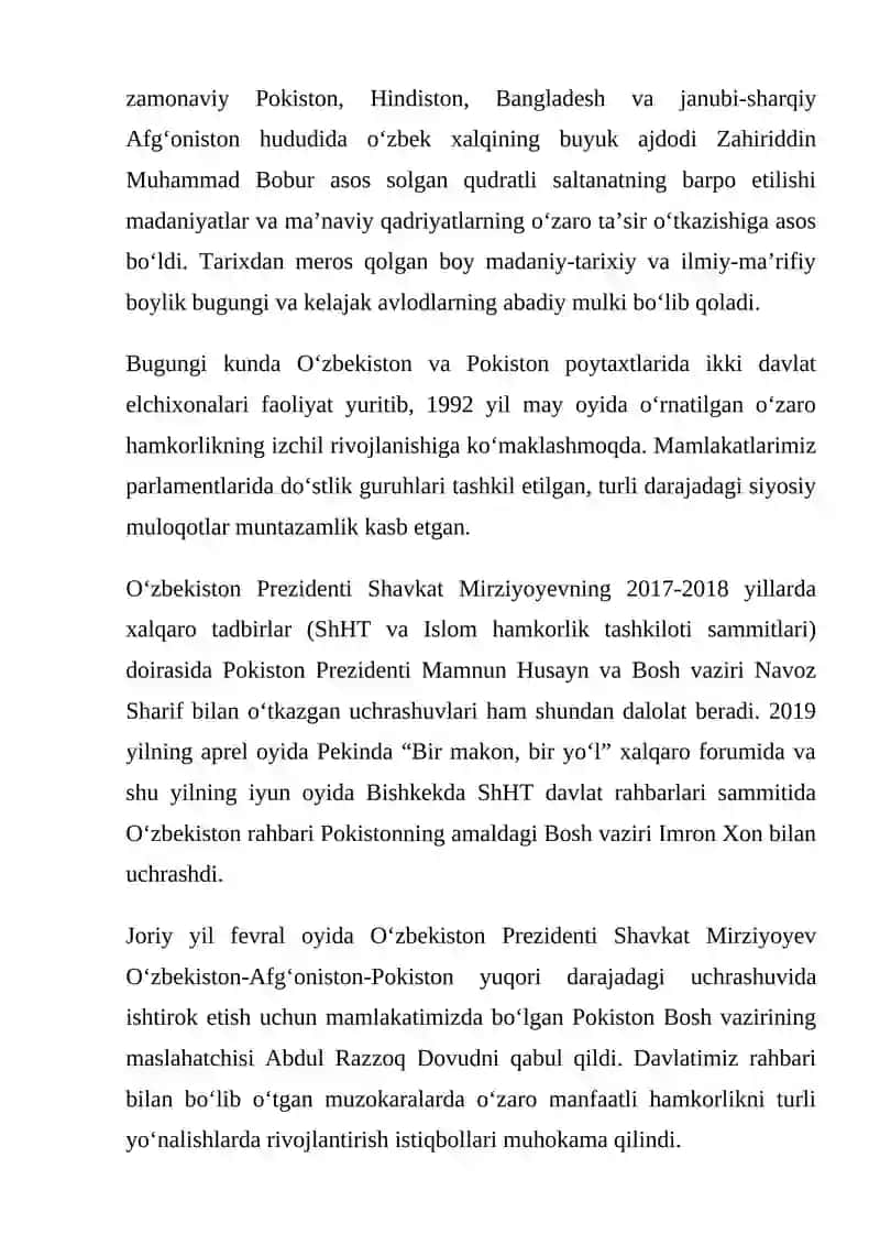 Oʻzbekiston — Pokiston munosabatlari 3
