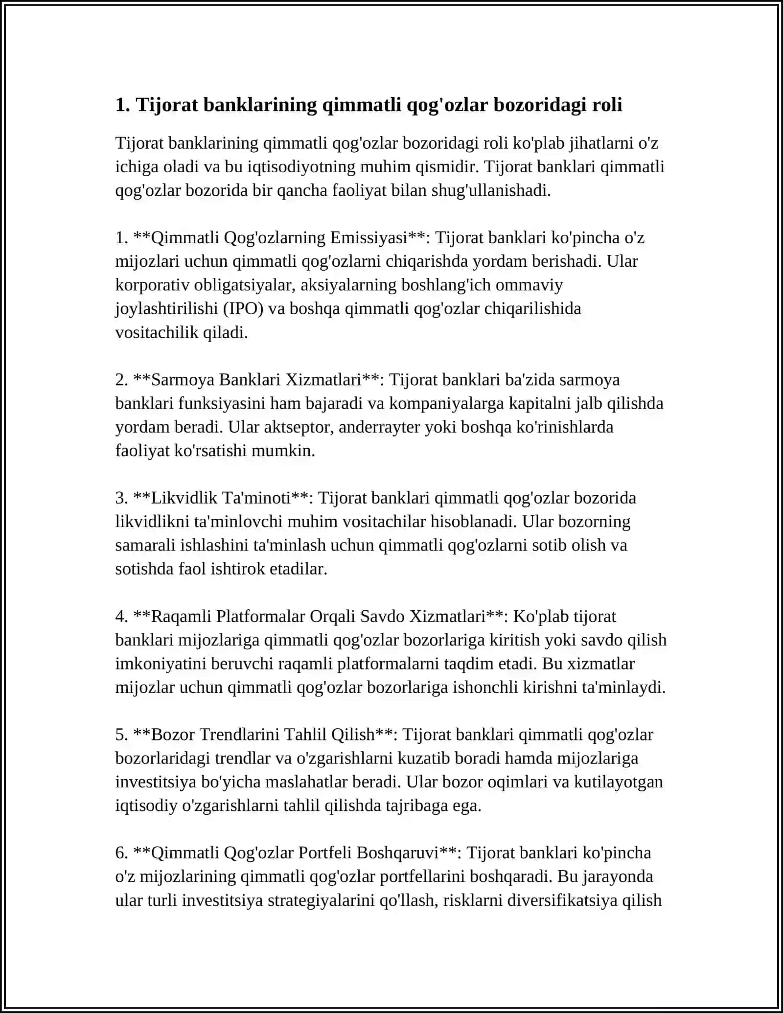 MUSTAQIL ISH Mavzu: TIJORAT BANKLARNING QIMMATLI QOG'OZLAR BILAN OPERATSIYALARI 3