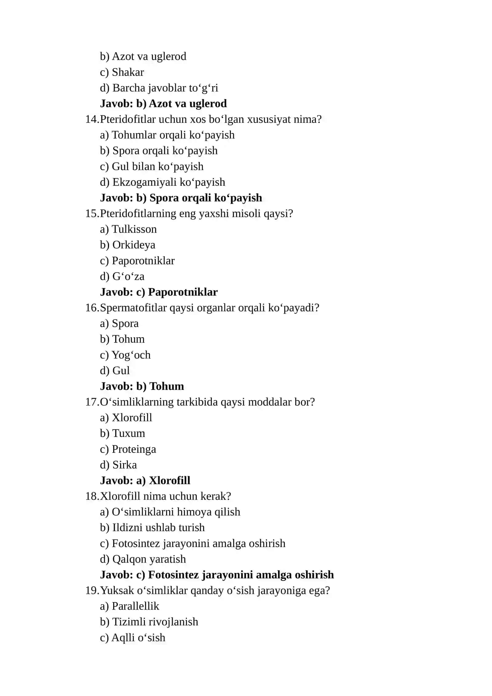 Yuksak O'simliklar mavzusida 50 ta test 3