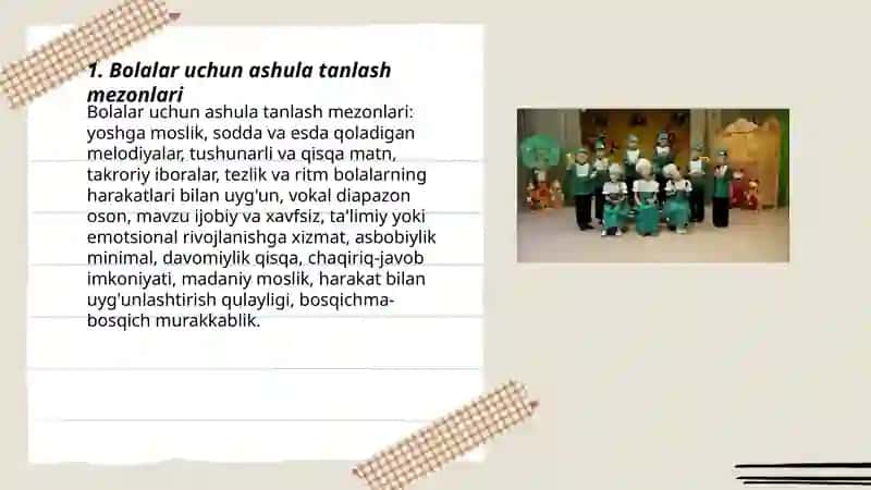 Bolalarga ashula aytish musiqa tinglash va ritmik harakatlar bajarishga õrgatish 3