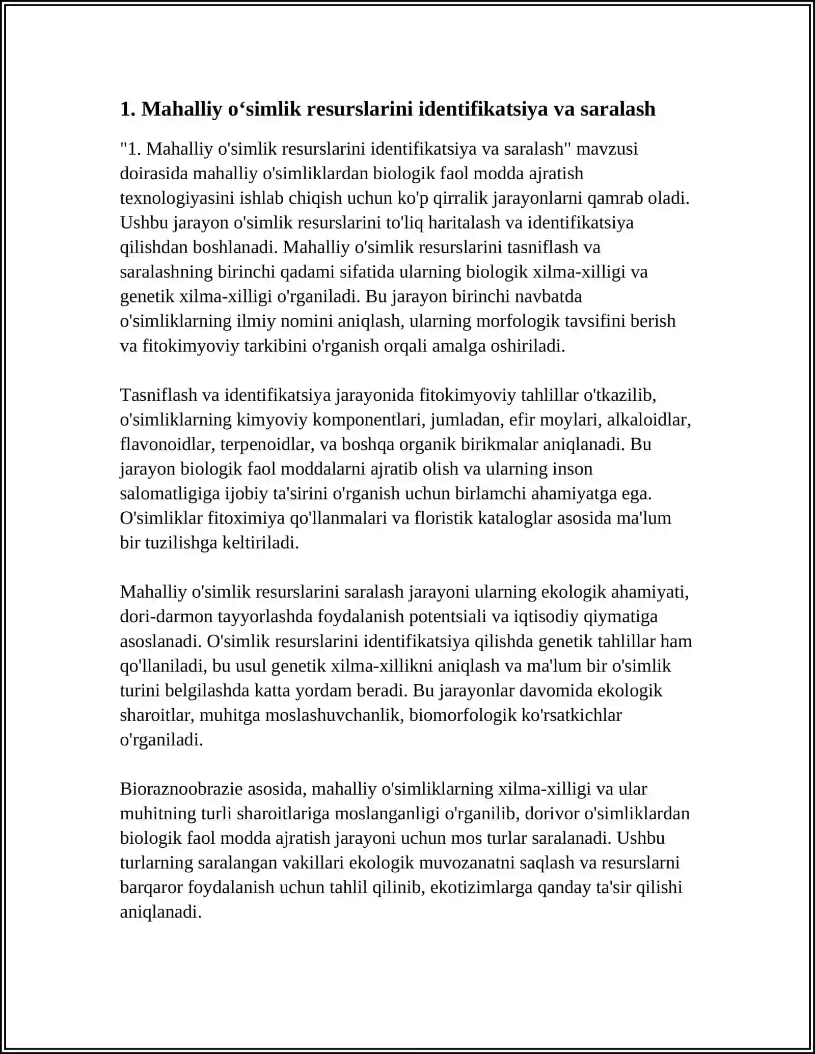 MAHALLIY OʻSIMLIKLARDAN BIOLOGIK FAOL MODDA AJRATISH TEXNALOGIYASINI ISHLAB CHIQISH 3