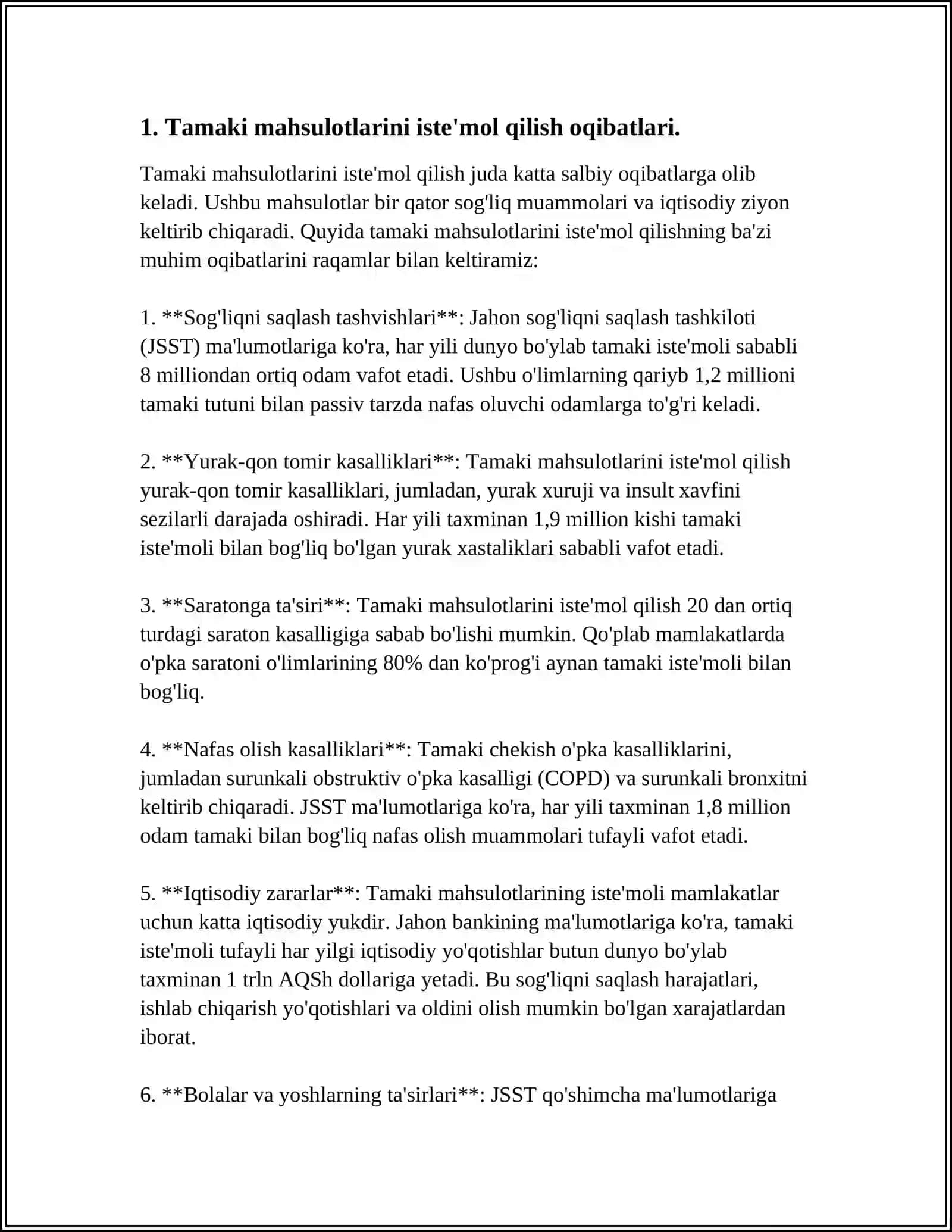 AHOLINING TURLI GURUHLAR ORASIDA TAMAKI MAHSULOTLARINING CHEKISHINI OLDINI OLISH CHORA TADBIRLARINI VA AHOLINING SALOMATLIGIGA TA'SIRI 3