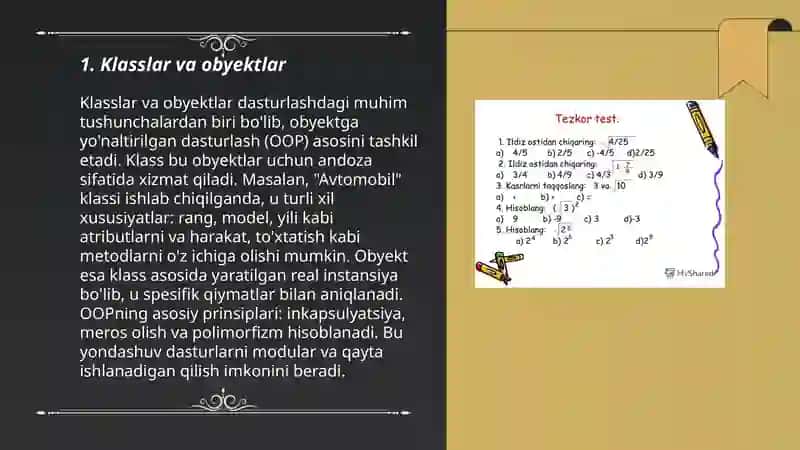 Obyektga yoʻnaltirilgan dasturlar haqida umumiy tushunchalarda doir misollar keltiring va ular xaqida yozing 3
