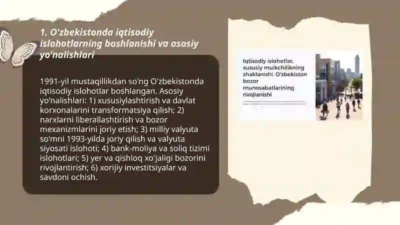 Iqtisodiy islohotlar, xususiy mulkchilikning shakillanishi. Oʻzbekistonda bozor munosabatlarining rivojlanishi 3