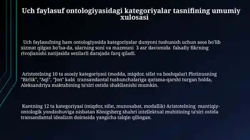 Aristotel, Forobiy va Kant ontologiyasida kategoriyalarning tasnifi 3