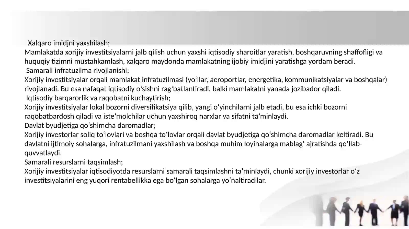 Iqtisodiyotning rivojlanishiga xorijiy investitsiyalarning ahamiyatini oshirish 3