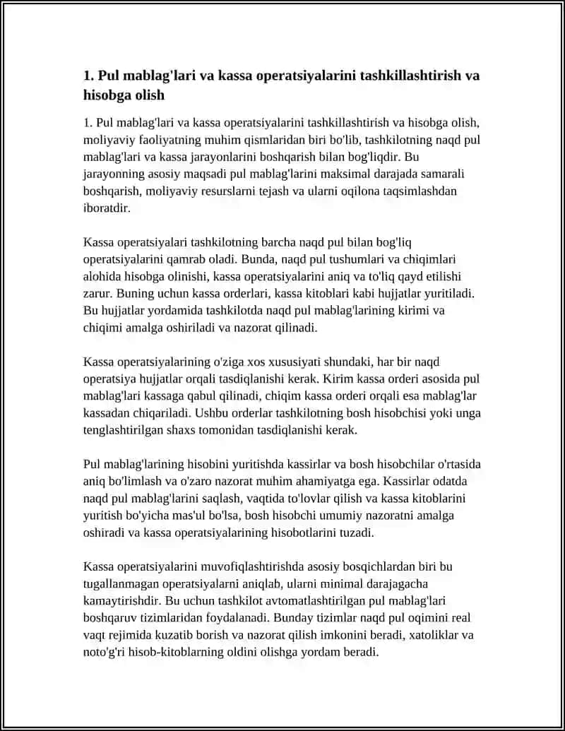 PUL MABLAG’LARI VA VALYUTA OPERATSIYALARI HISOBI, MEHNAT VA ISH HAQINI HISOBGA OLISH, TOVAR-MODDIY ZAHIRALARI HISOBI, INVESTITSIYALAR HISOBI 3