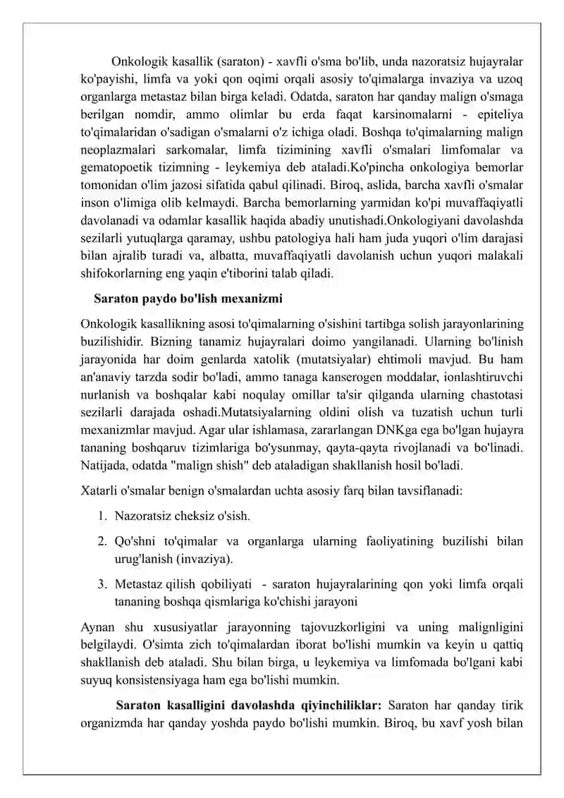 Onkologik kasalliklar bilan xastalangan bemorlarga xos xususiyatlar 3