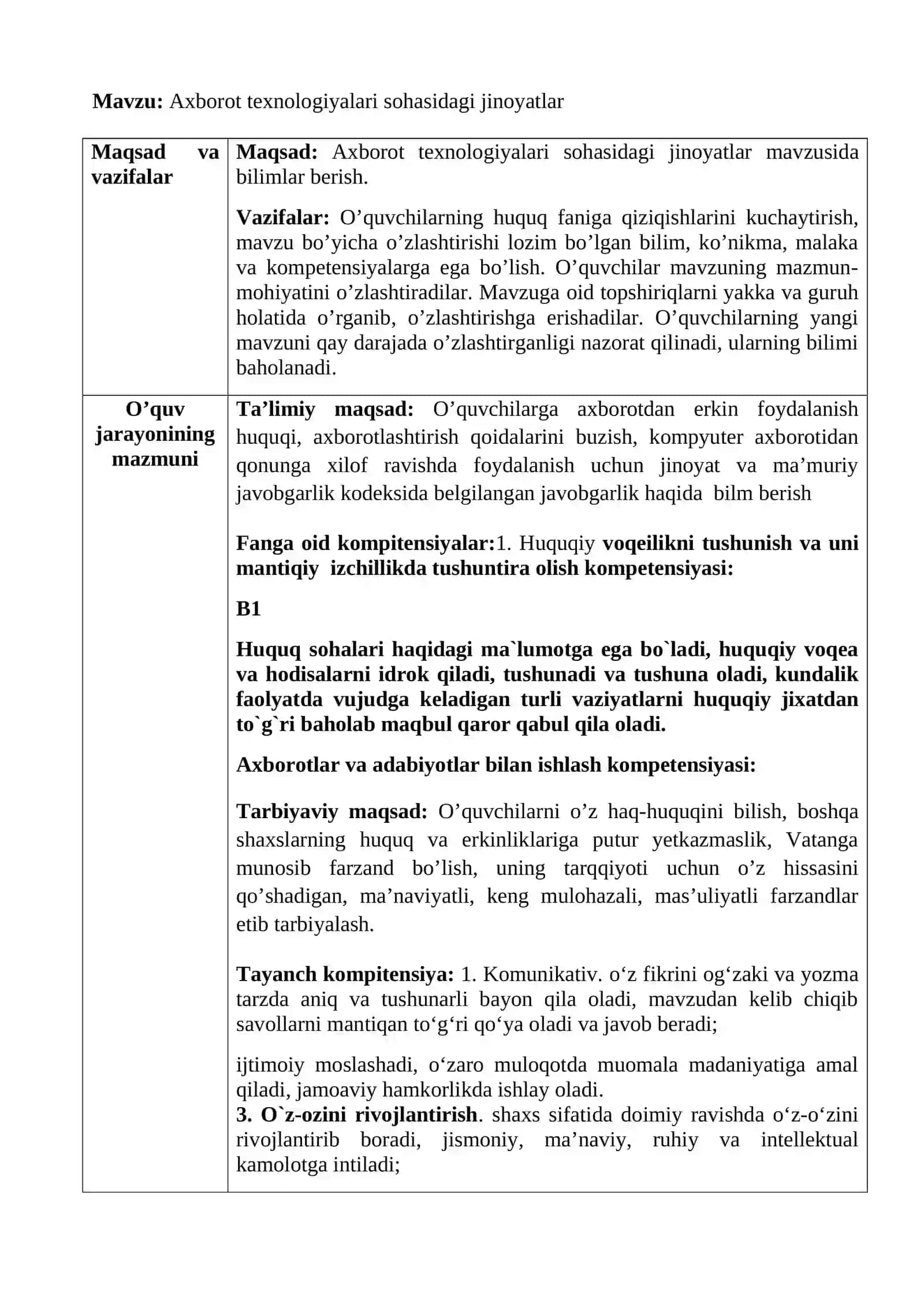 11-sinf Huquq fanidan Axborot texnologiyalari sohasidagi jinoyatlar dars ishlanma 3