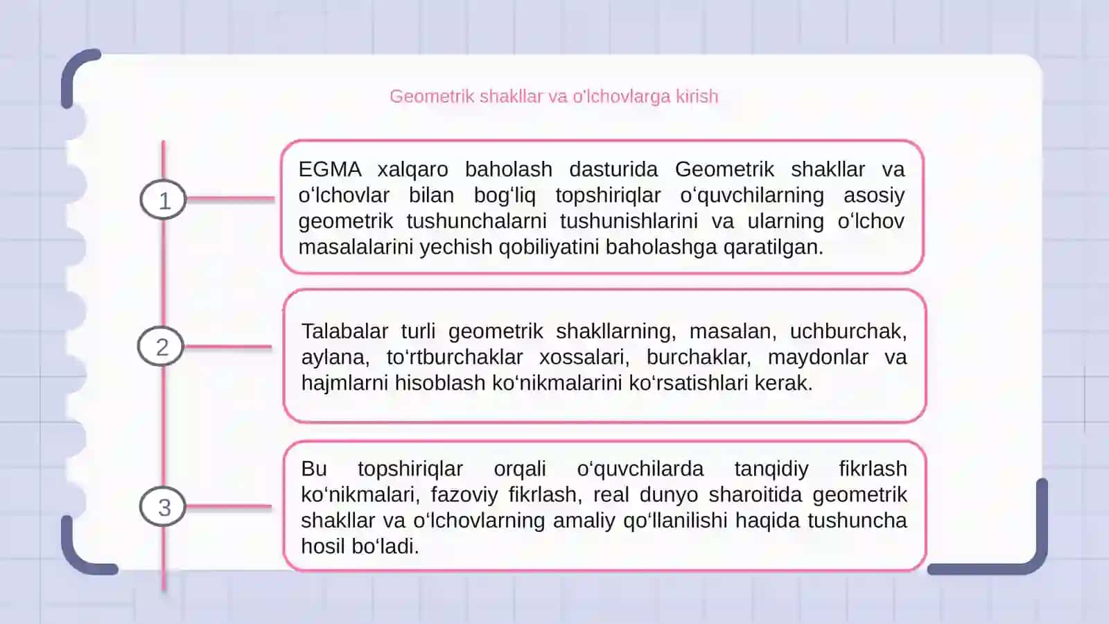 EGMA xalqaro baholash dasturida "Geometrik shakllar va o'lchashlar" mazmun sohasiga oid topshiriqlar 3