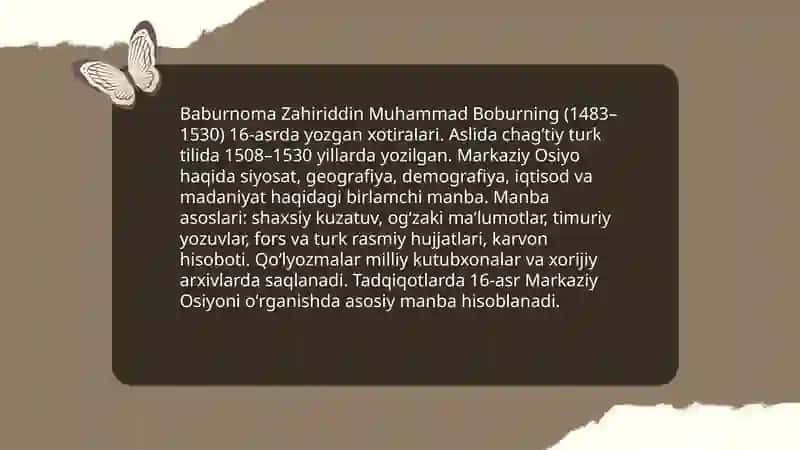 Baburnoma va uning 16–asr Markaziy Osiyoga oid manbalari 3
