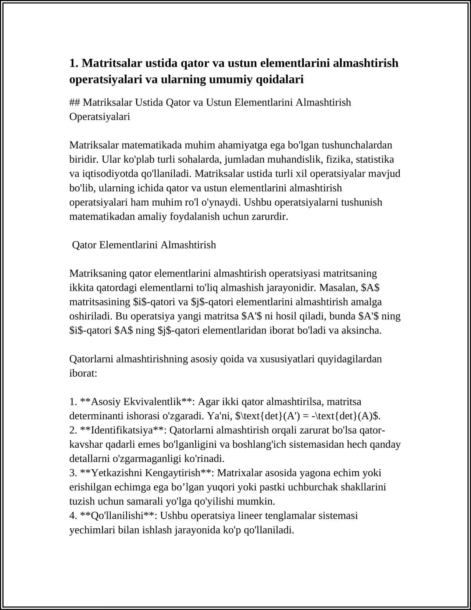 Matriksalar Ustida Qator va Ustun Elementlarini Almashtirish Operatsiyalari 3