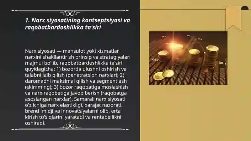 Raqobatbardoshlikni oshirishda narx siyosatidan foydalanish va narx shakllanishning boshqarish usullari 3