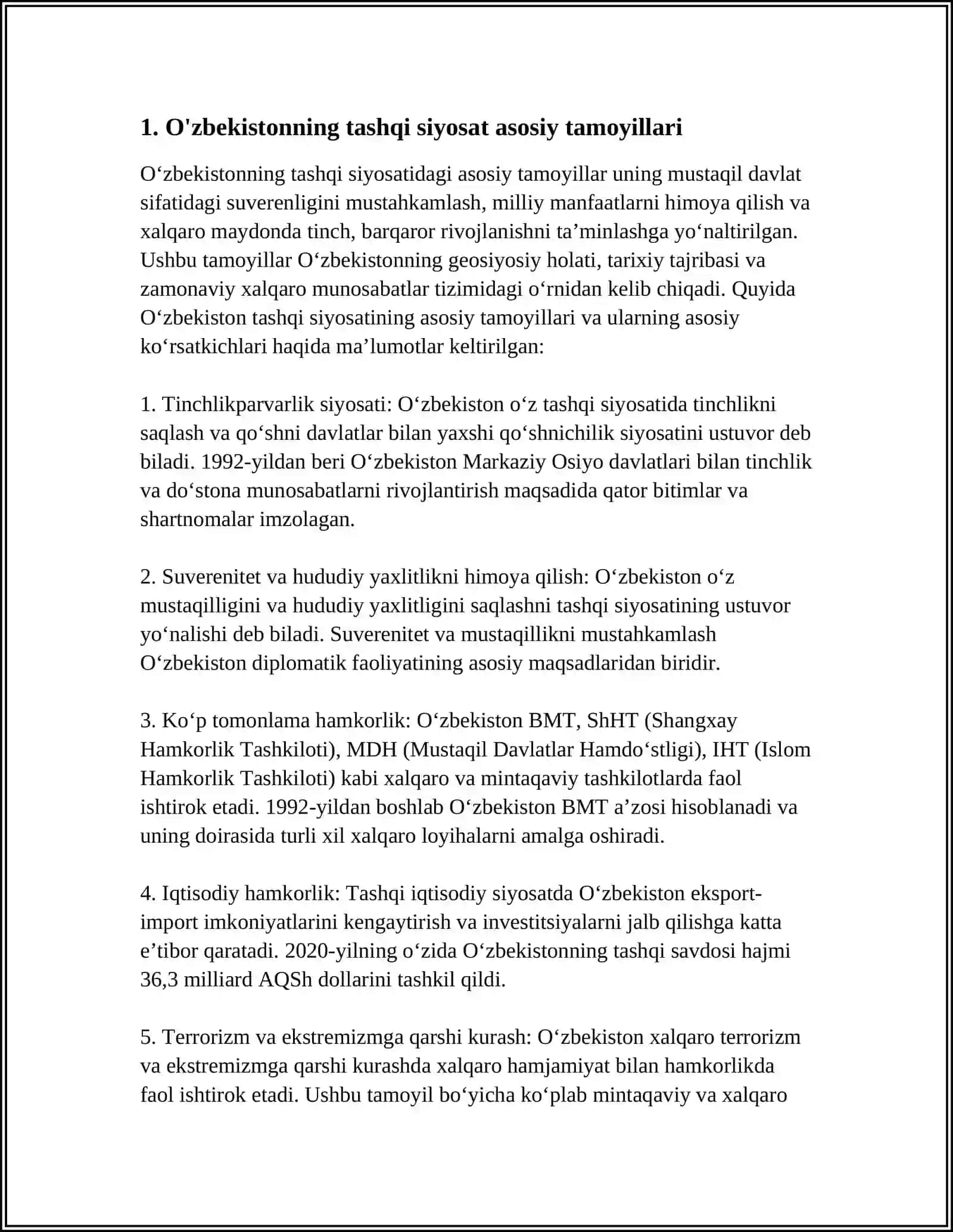 MUSTAQIL ISH Mavzu: OʻZBEKISTONDA TASHQI SIYOSAT FAOLIYATI KONSEPSIYASI 3