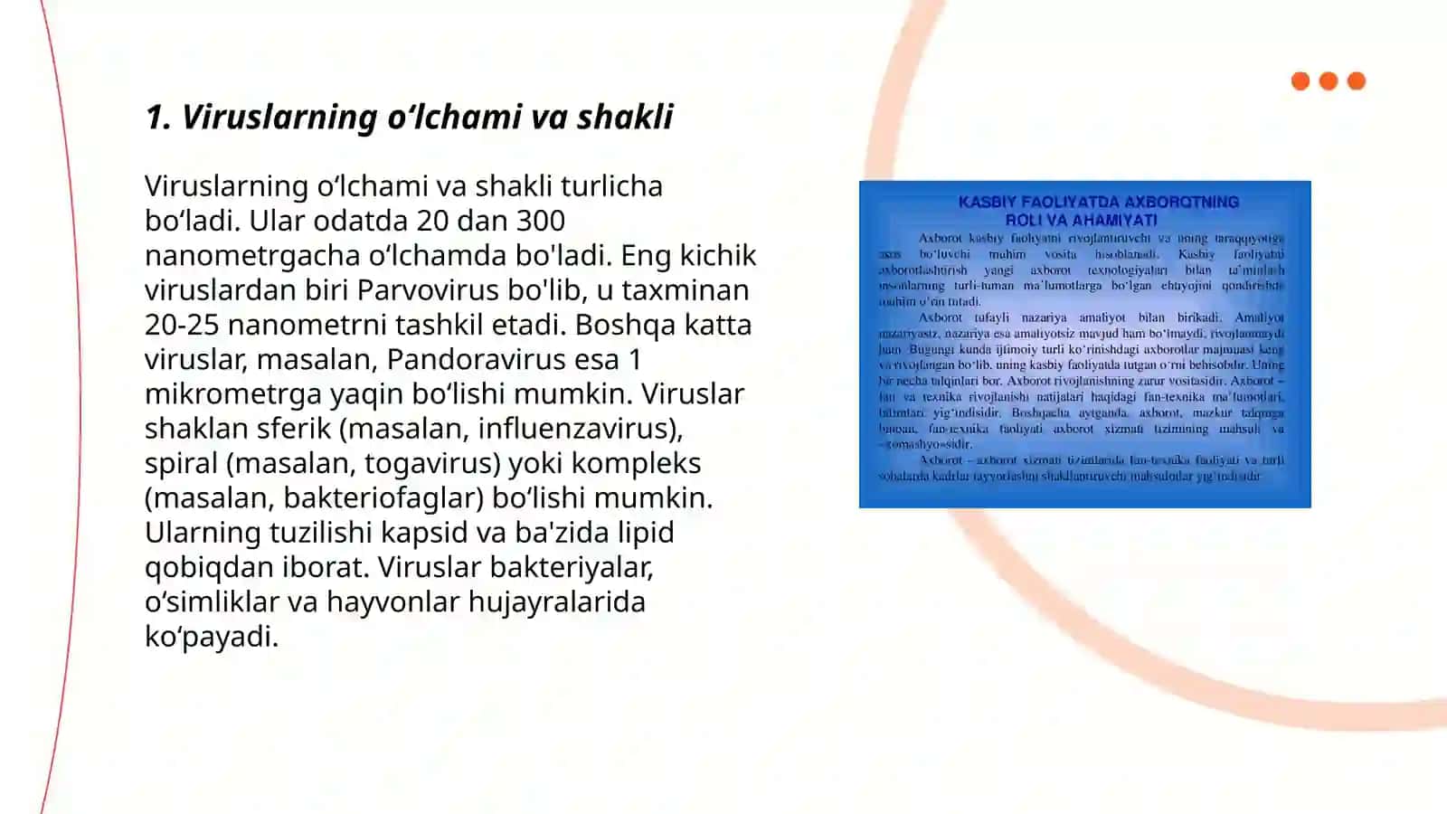 Viruslar,ularning oʻziga xos umumiy tuzulishi va farqlari 3