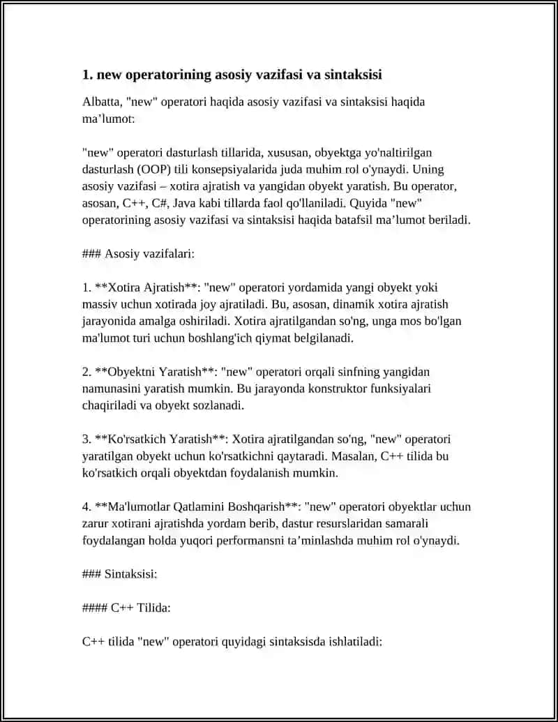 C++ DASTURLASH TILI NEW OPERTORINI VAZIFASI 3