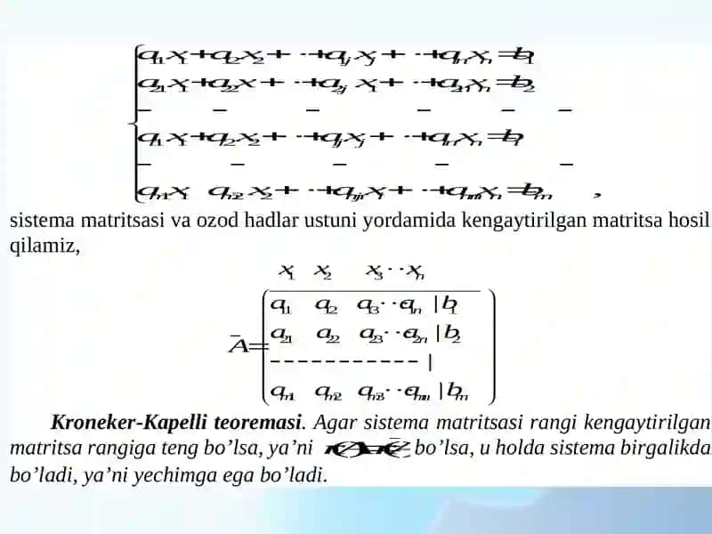 Chiziqli algebraik tenglamalar sistemasi. Chiziqli algebraik tenglamalar sistemasini yechishning Gauss va Gauss-Jordan usullari. 3