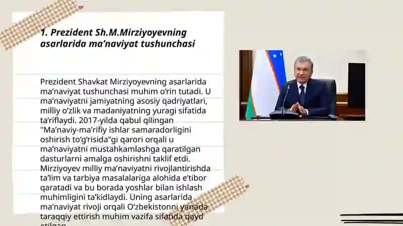 Prezident Sh.M.Mirziyoyevning asarlarida maʼnaviyat tushunchasi 3