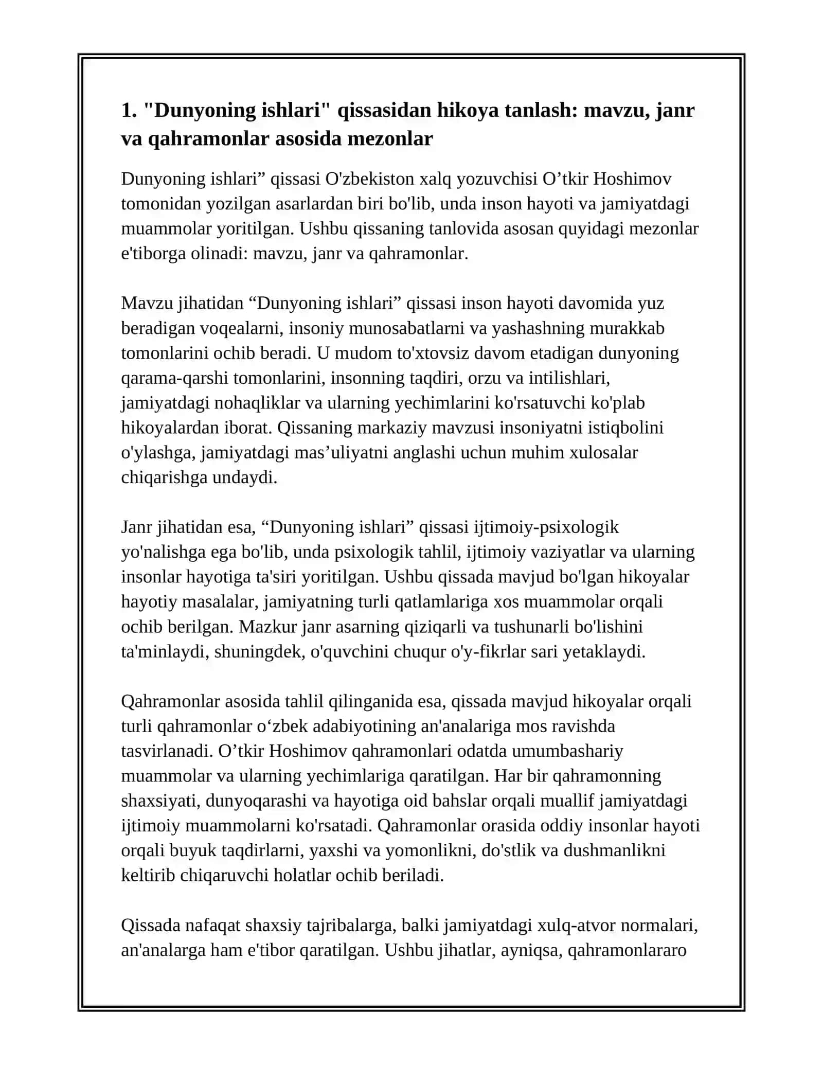 O’ZBEK TILI USLUBIYATI: O’TKIR HOSHIMOVNING DUNYONING ISHLARI QISSASI TARKIBIDAN HIKOYA TANLAB OLISH, UNI MUTOLAA QILISH VA HIKOYA MATNINI MORFOLOGIK JIHATDAN TAHLIL QILISH 3