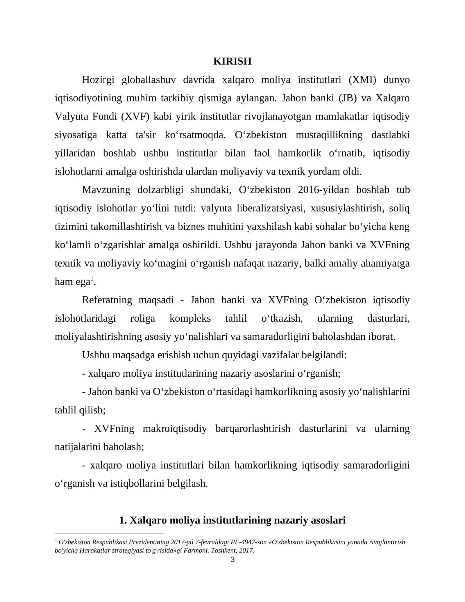 Xalqaro moliya institutlari: Jahon banki va XVFning O‘zbekiston islohotlaridagi roli REFERATi 3