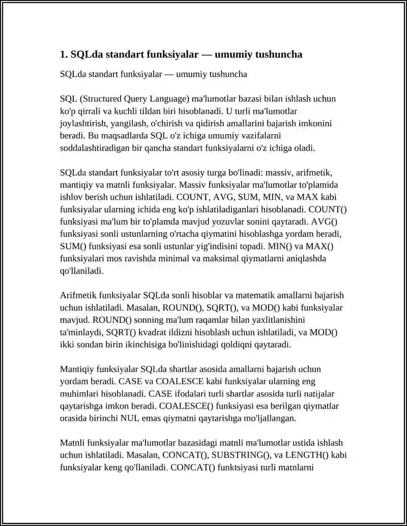 SQL DA STANDART FUNKSIYALAR. FOYDALANUVCHI FUNKSIYALARI VA PROTSEDURALARNI YARATISH 3