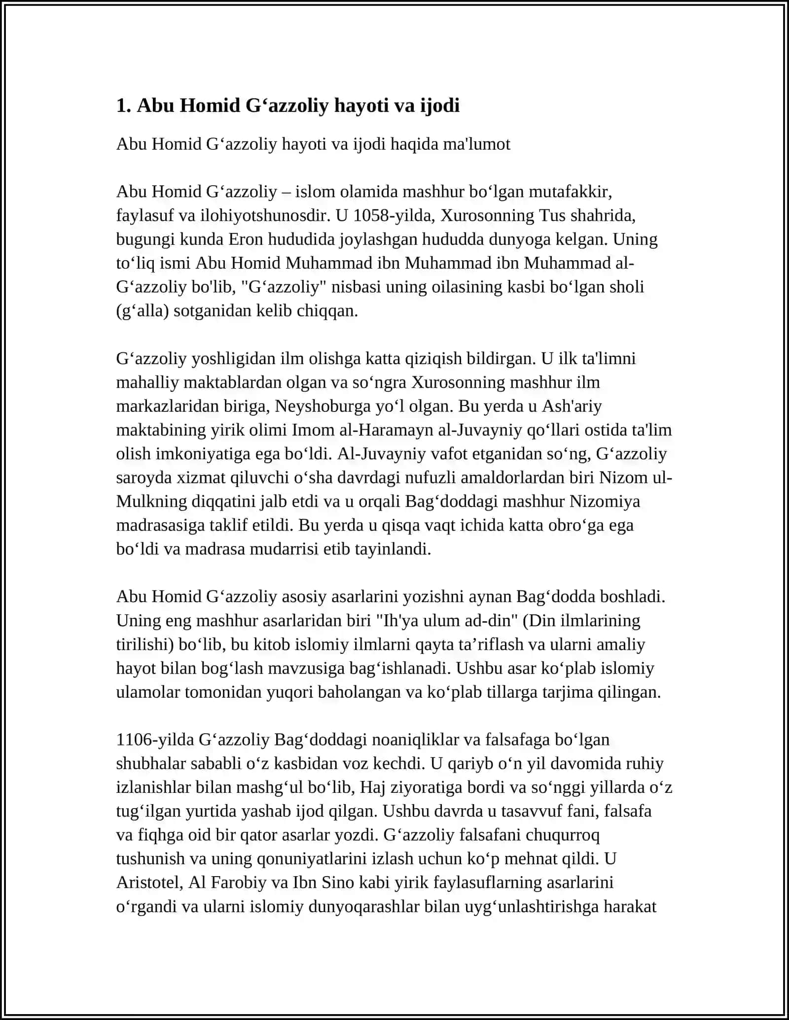 ABU HOMID GʻAZZOLIYNING " MUKOSHAFATUL QULUB" ASARI BOʻYICHA ESSE TAYYORLASH 3