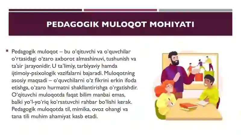 Oʻqituvchi va  Oʻquvchi ortasida jonli muloqot tashkil etish.Pedagogik nizolar ziddiyatlarni bartara 3