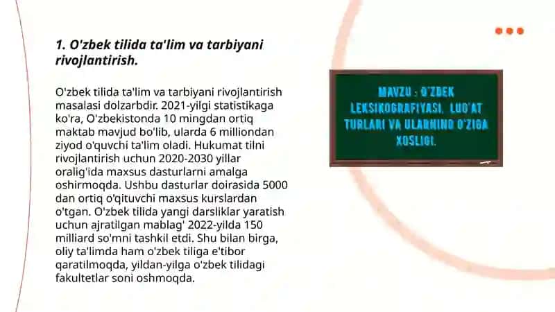 O’zbek tilining davlat tili sifatida nufuzini oshirish bo’yicha qilinayotgan ishlar 3