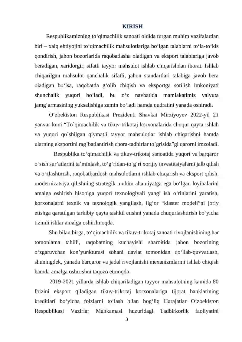 30 ta to’quv dastgohiga ega bo’lgan art.3232 o’xshash ishchi kiyimbop to’qima ishlab chiqarish korxonasining texnologik jarayonlarni loyihalash 3