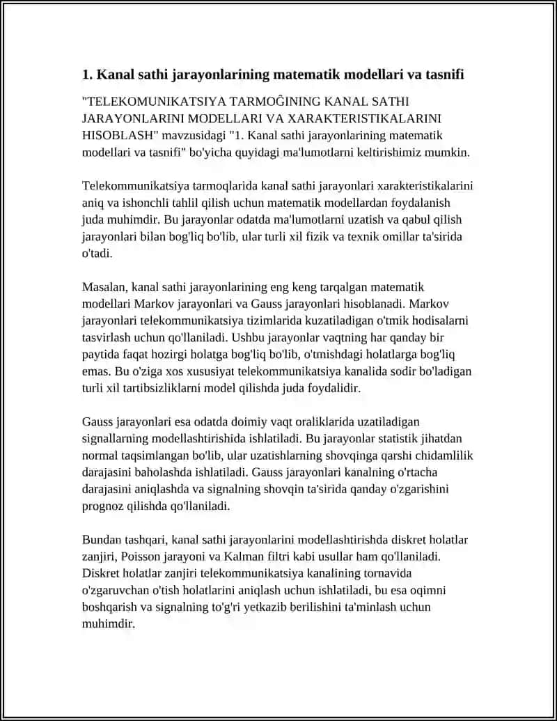 TELEKOMUNIKATSIYA TARMOĜINING KANAL SATHI JARAYONLARINI MODELLARI VA XARAKTERISTIKALARINI HISOBLASH 3