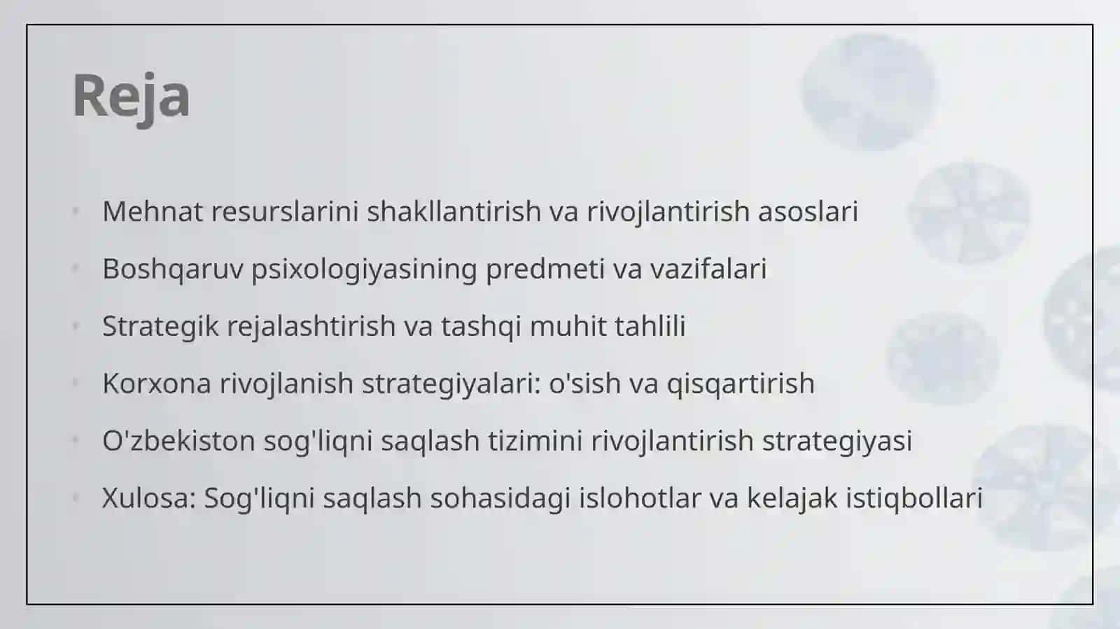 Mehnat resurslarini shakllantirish va rivojlantirish.Boshqaruv psixologiyasining predmeti va vazifalari.Strategik rejalashtirish. Tashqi muhit tahlili.O‘sish strategiyasi, qisqartirish.O‘zbekiston Respublikasi sog‘liqni saqlash tizimini rivojlantirish strategiyasi: sog‘liqni saqlash sohasidagi islohatlar 3