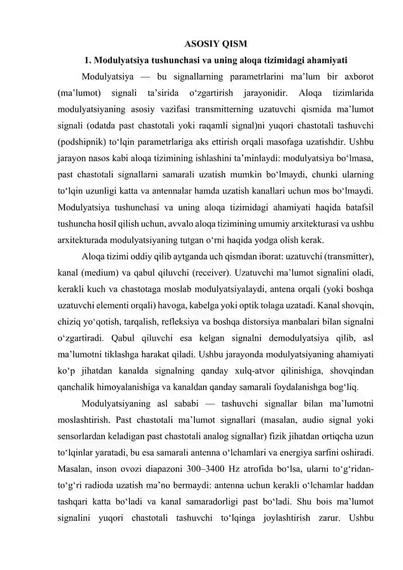 Analog modulyatsiyalash turlari, ulaming o‘zga xos xususiyatlari. Raqamli modulyatsiyalash turlari, ulaming o‘zga xos xususiyatlari. Simsiz aloqa tizimlarida ishlatiladigan raqamli modulyatsiyalash turlari. 3