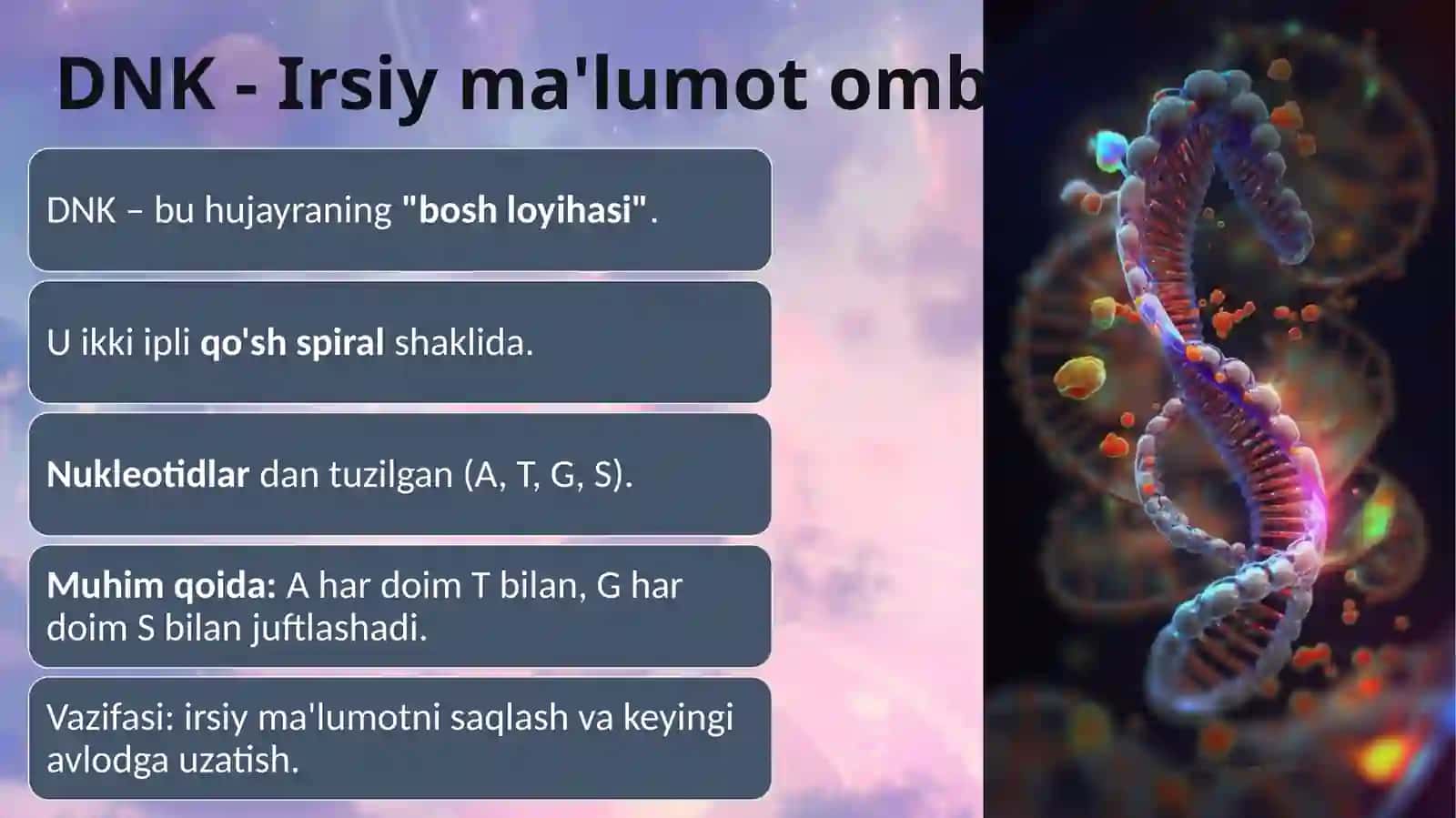 Molekulyar biologiya. Genlar ekspressiyasi. DNK va RNK ning replikatsiyasi va transkripsiyasi 3