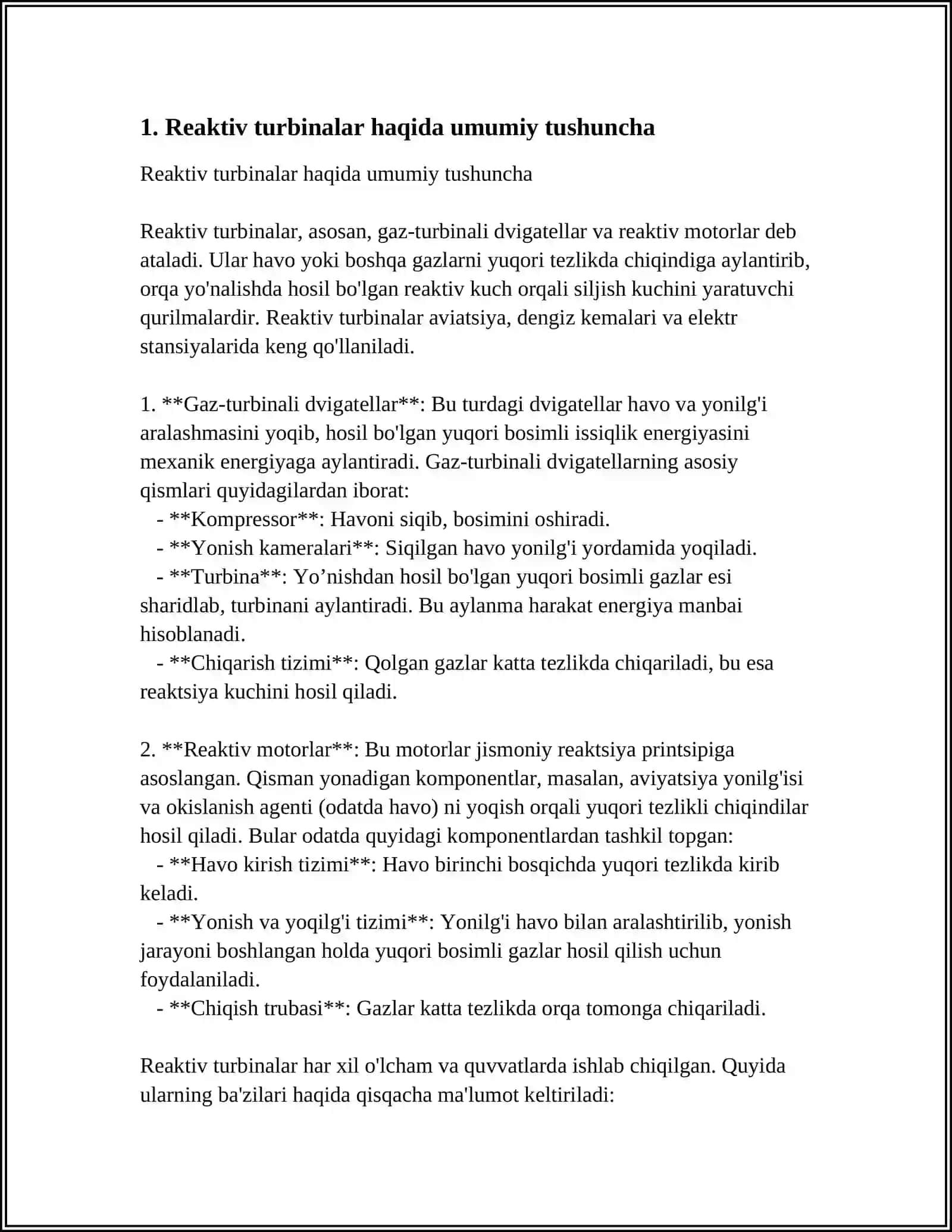 REAKTIV TURBINALAR SUV OQIM HARAKAT NAZARYASI ASOSIY ENERGETIK TENGLAMASI VA UNDAN GIDROTURBINA NAPORINI ANIQLASHDA FOYDALANISH 3
