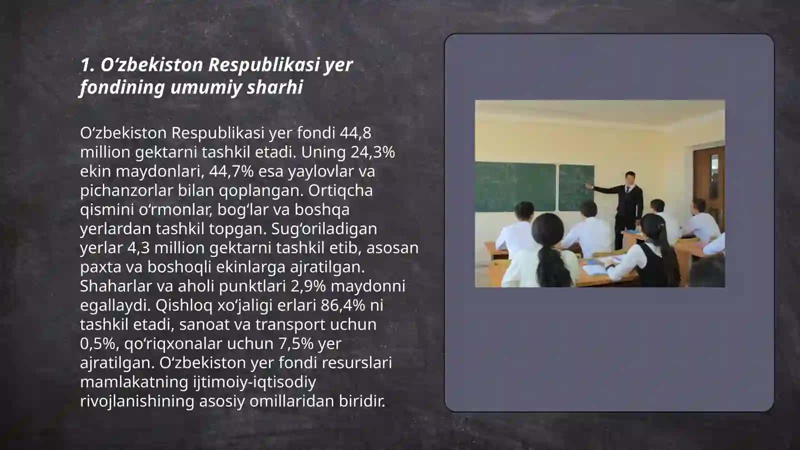 O‘zbekiston Respublikasi yer fondi va tuproqlarini tavsiflash hamda ularning osimliklar dunyosi togrisida taqdimot tayorlash 3