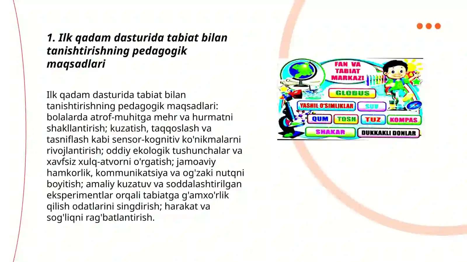 Ilk qadam davlat dasturida tabiat bilan tanishtirish mazmuni 3