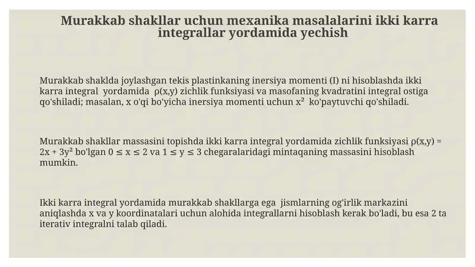 Ikki karrali integrallarning mexanik masalalarini yechish tadbiqlari 3