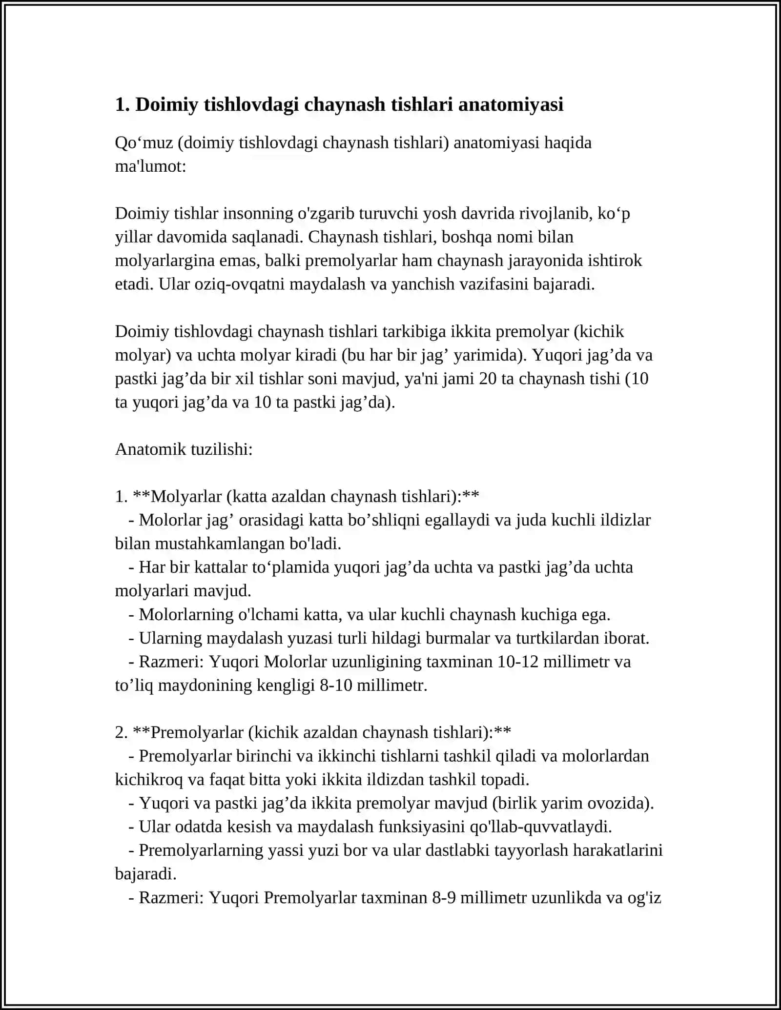 DOIMIY TISHLOVDAGI CHAYNOV TISHLARINING TUZALISHI 3