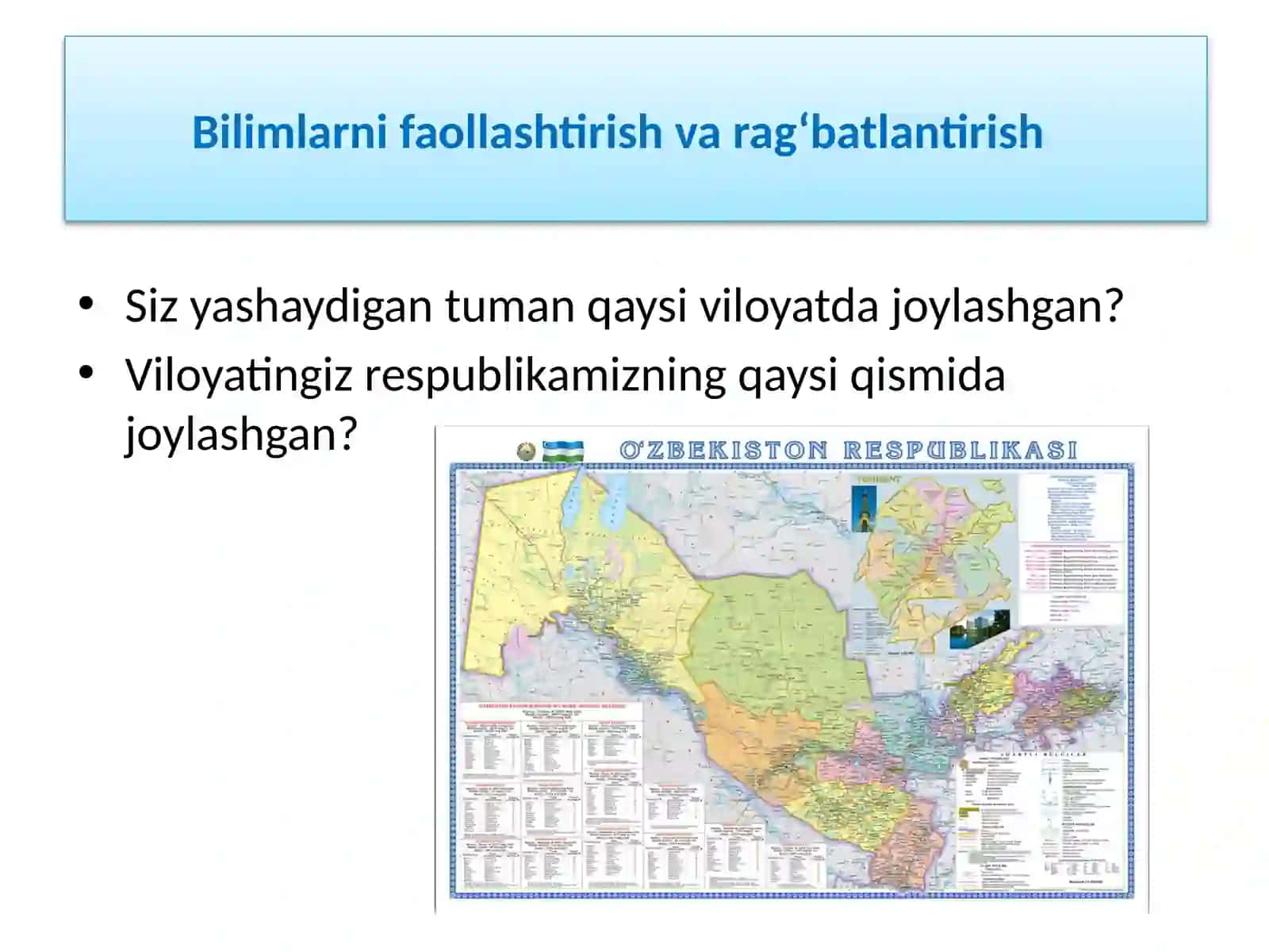 O‘zbekistonning MA’MURIY-HUDUDIY BO‘LINISHI VA CHEGARA DAVLATLARI MOZAIKASI 3