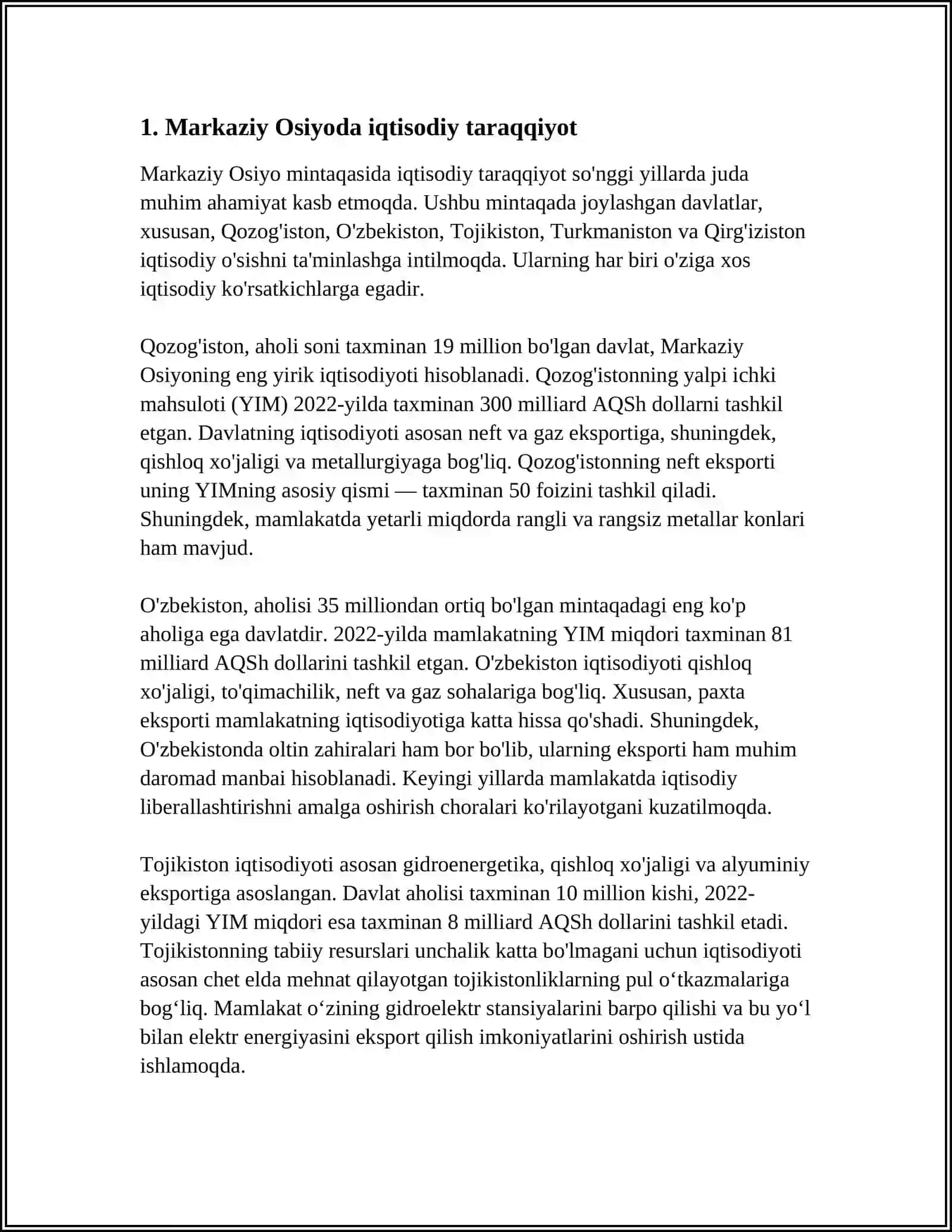 MUSTAQIL ISH Mavzu: ÔRTA OSIYODAGI IQTISODIY G’OYALAR QARASHLAR 3