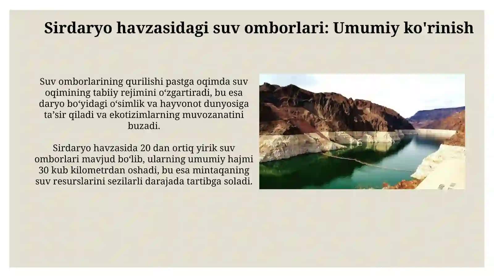 Sirdaryo havzasiga tegishli suv ombori va ekotizimga ta'siri 3